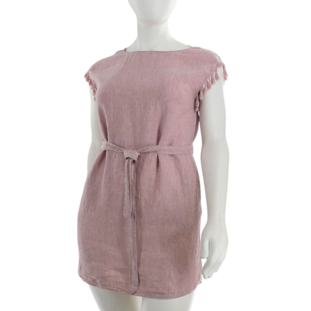 Rachel Ashwell Sz L 100% Linen Pink Sleeveless Shift Mini Dress Tassels Feminine